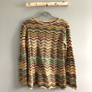 Missoni zig zag design knit long sleeve crew neck sweater camel brown tan teal